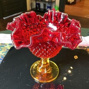 Vintage Kanawha Amberina Hobnail Ruffled Pedestal Glass Compote